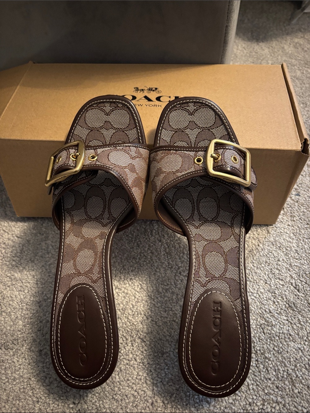 Coach Brown Signature Buckle Slide Sandals with Gold Accent